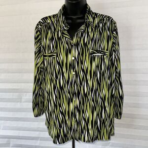 Notations Petite Women’s Blouse PXL Green Black Long Sleeve Button Down Top